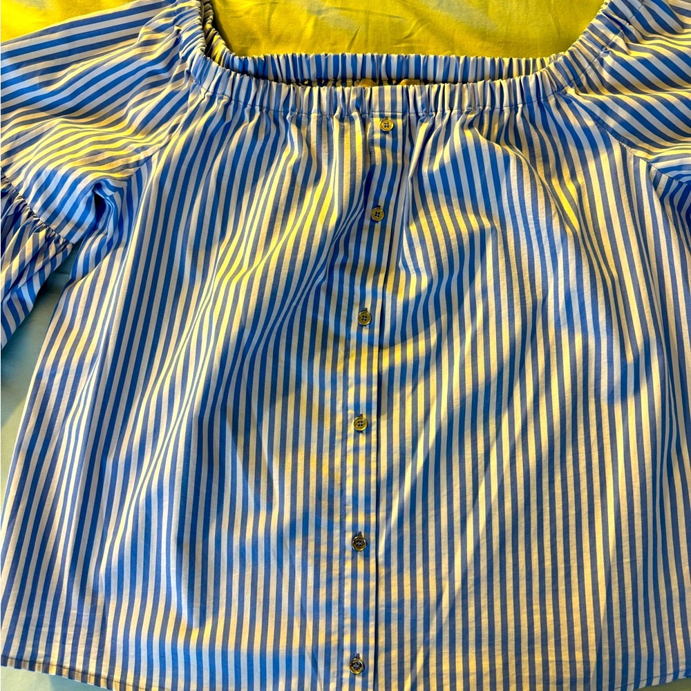 Michael Kors Blue/White Vertical Striped Blouse. Size XL.